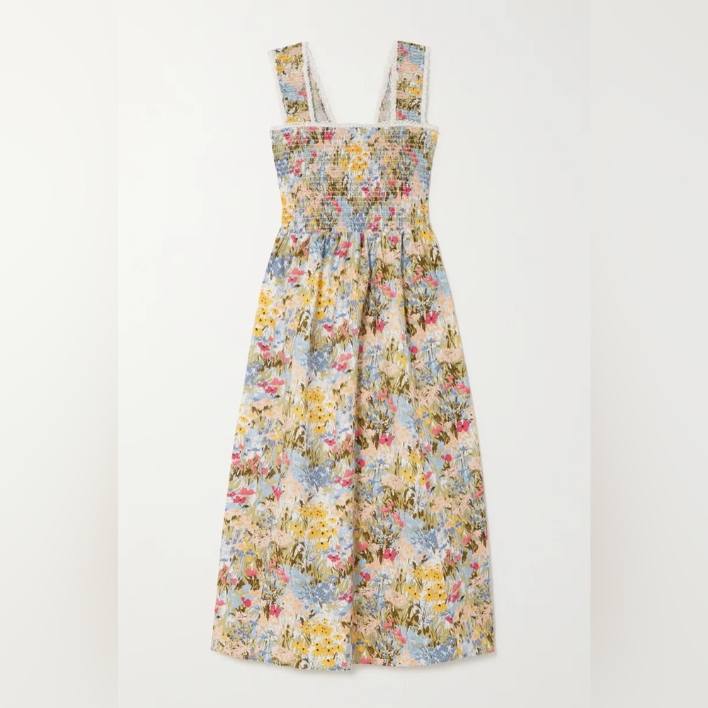 Reformation Villa Lace Trimmed Smocked Midi XS